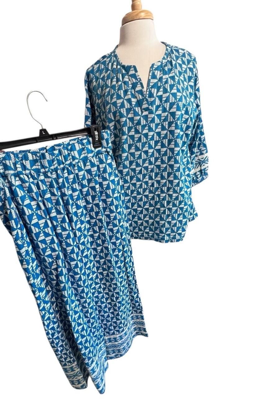 Soft Surroundings Narah Top Pants 2pc Set M/L Turquoise Geometric Summer Travel